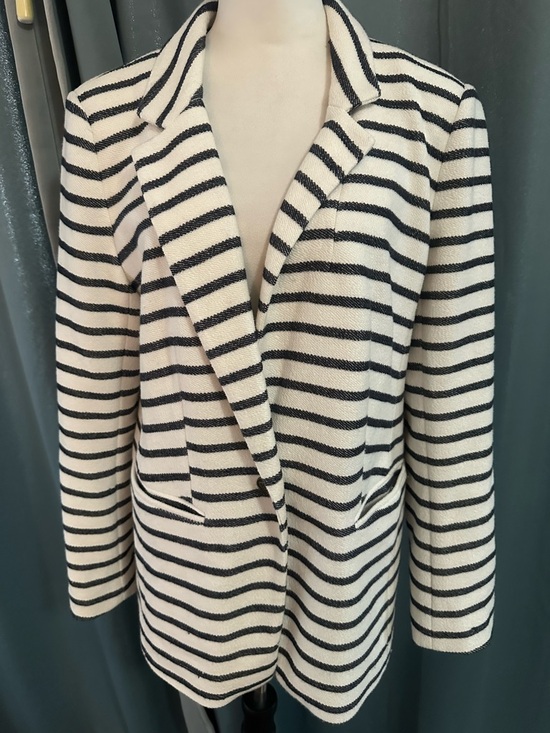 LOFT Jackets & Blazers - LOFT Striped Blazer Women Size 12 Navy White Knit Jacket Nautical Career Casual